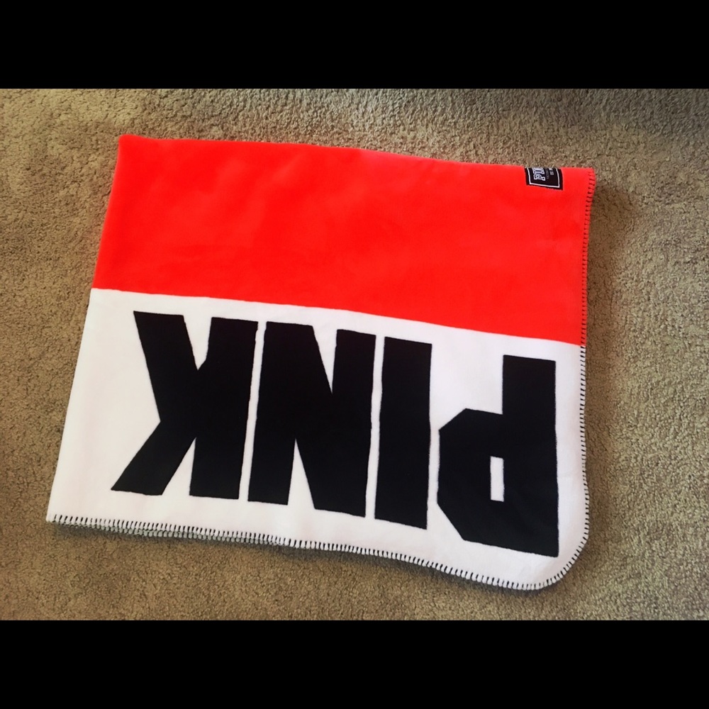 VS Pink Sherpa Blanket in red with PINK written